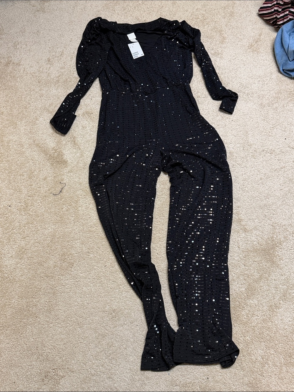 H&M Black Sequin Long-Sleeve Jumpsuit with Puff Shoulders